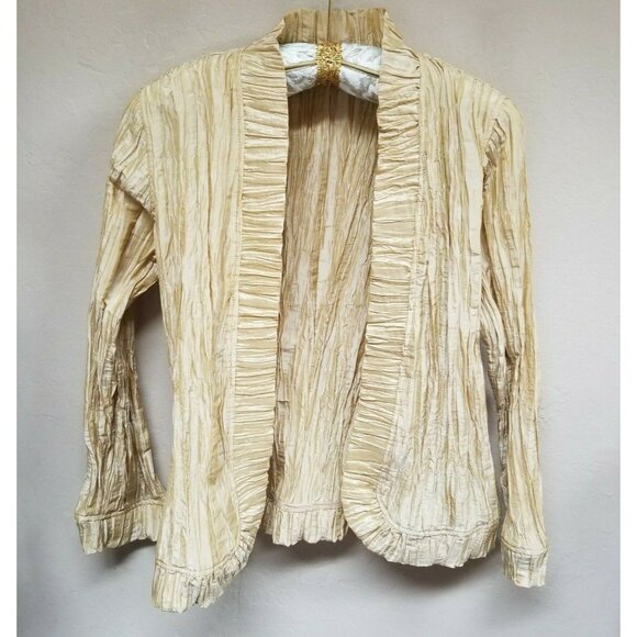 Chico's Womens Size 2 Gold Pleated Crinkle Open Front Cardigan Blazer Jacket - Picture 1 of 5